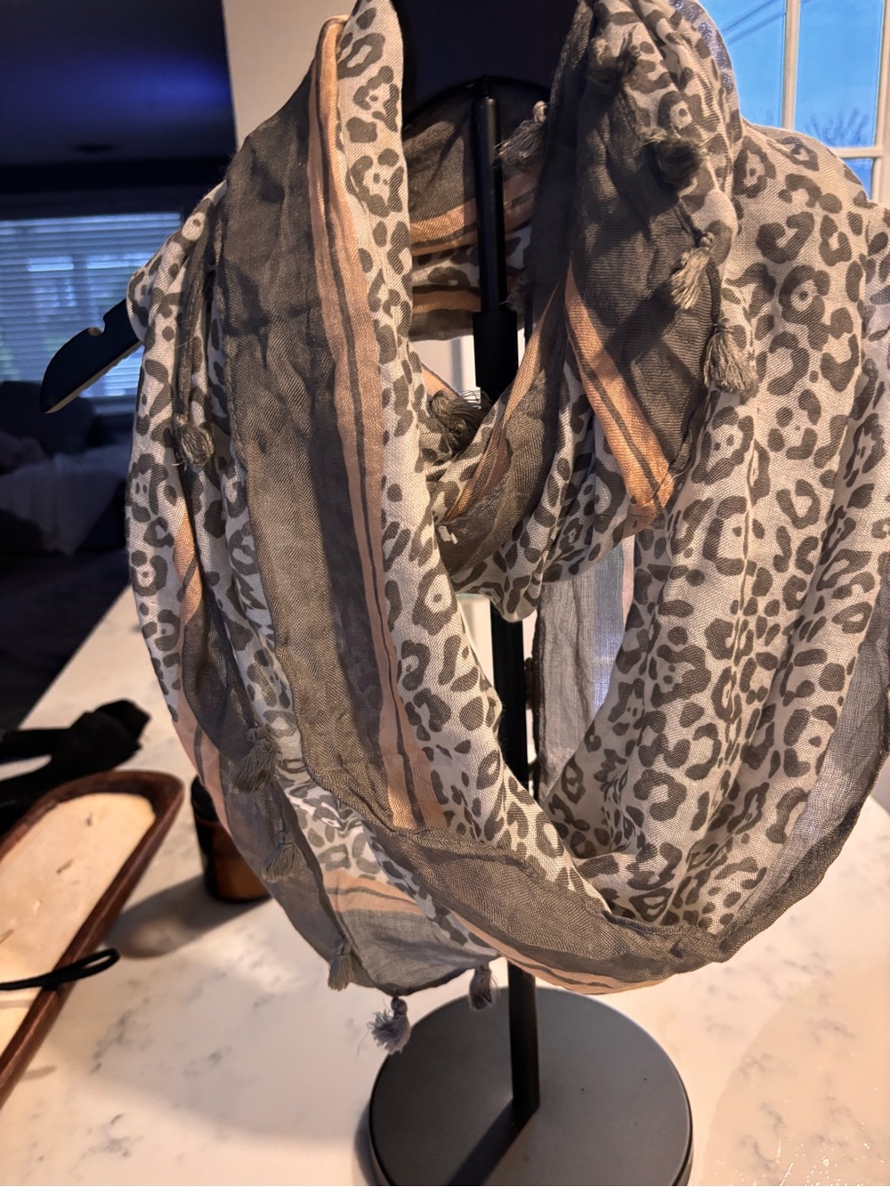 LOFT Gray Leopard Print Scarf with Taupe Stripes